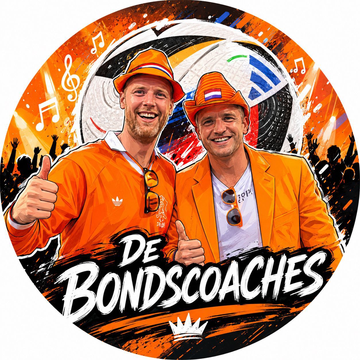 De Bondscoaches logo with two Dutch football fans in orange clothing